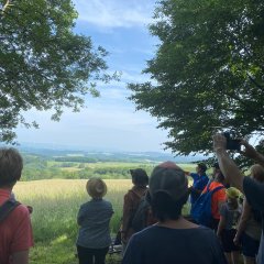 Eine Wandergruppe am Ausblick in den Hunsrück auf dem Historischen Amtsweg Burglichtenberg in Eckersweiler