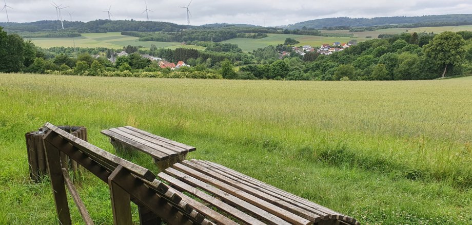 Blick über Berschweiler in den Hunsrück auf dem Historischen Amtsweg Burglichtenberg Wellenbänke auf einer Wiese mit Ausblick