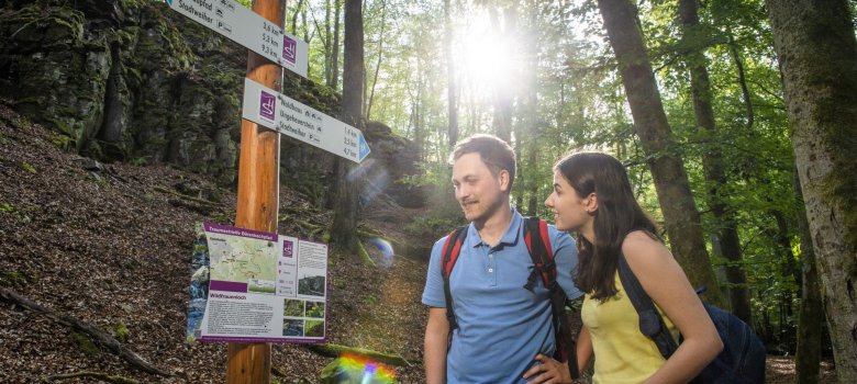 Wanderer am Hinweisschild zum Wildfrauenloch auf der Traumschleife Bärenbachpfad in Baumholder Ein Pärchen betrachtet das Hinweisschild zum Wildfrauenloch auf der Traumschleife Bärenbachpfad in Baumholder