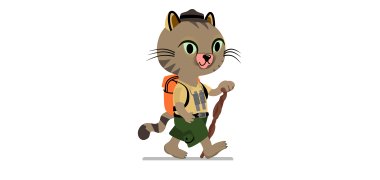 Maskottchen mit Wanderstock und Rucksack