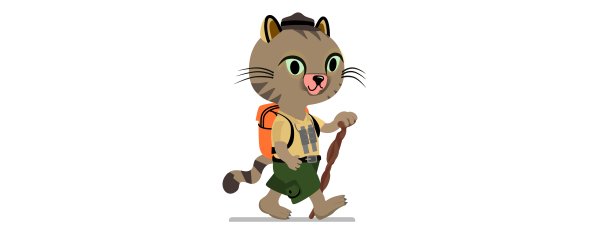 Maskottchen mit Wanderstock und Rucksack