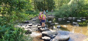 Eine Wandergruppe läuft über die Trittsteine über die Nahe am Nahesteig