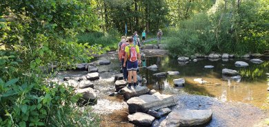 Trittsteine über die Nahe am Nahesteig Eine Wandergruppe läuft über die Trittsteine über die Nahe am Nahesteig