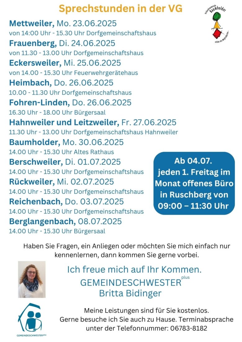 Sprechstunden der Gemeindeschwester plus VG Baumholder Sommer 2025