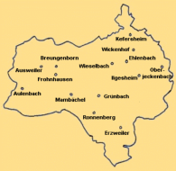 Umriss des Truppenübungsplatzes Baumholder. Es sind die ehemaligen Orte eingezeichnet, die bei der Entstehung des Platzes weichen mussten.