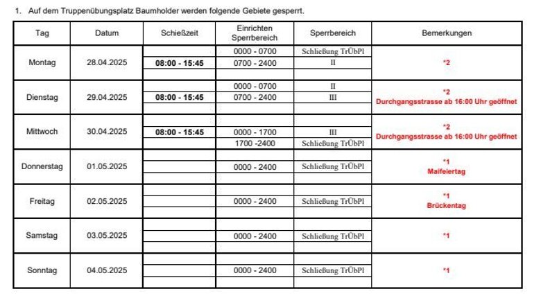 Tabelle mit den Schießzeiten auf dem Truppenübungsplatz in der KW 18