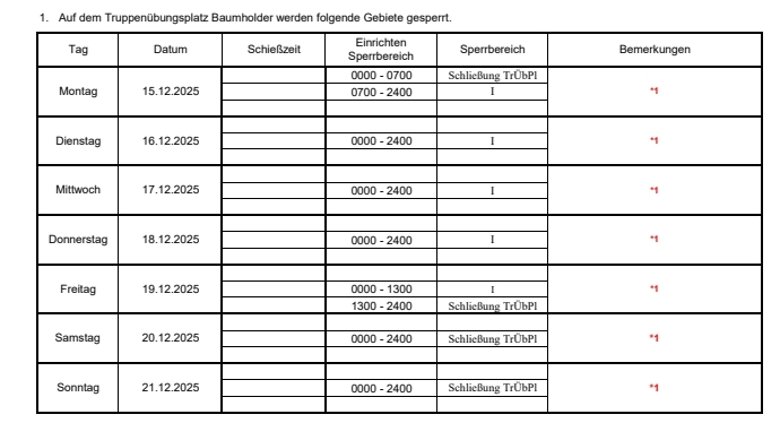 Übersichtstabelle mit den Schießzeiten auf dem Truppenübungsplatz Baumholder
