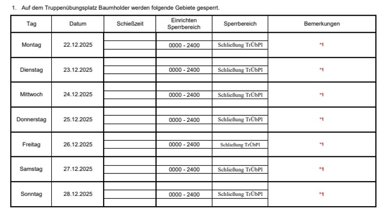 Übersichtstabelle mit den Schießzeiten auf dem Truppenübungsplatz Baumholder