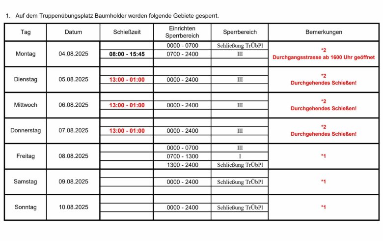 Schießzeiten Truppenübungsplatz Baumholder KW 32 Schießzeiten Truppenübungsplatz Baumholder KW 32