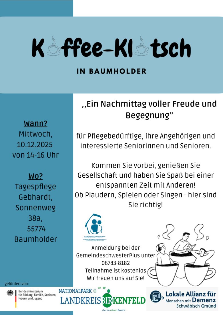 Plakat zum Kaffeeklatsch mit der GemeindedschwesterPlus in Baumholder am 10.12.2025