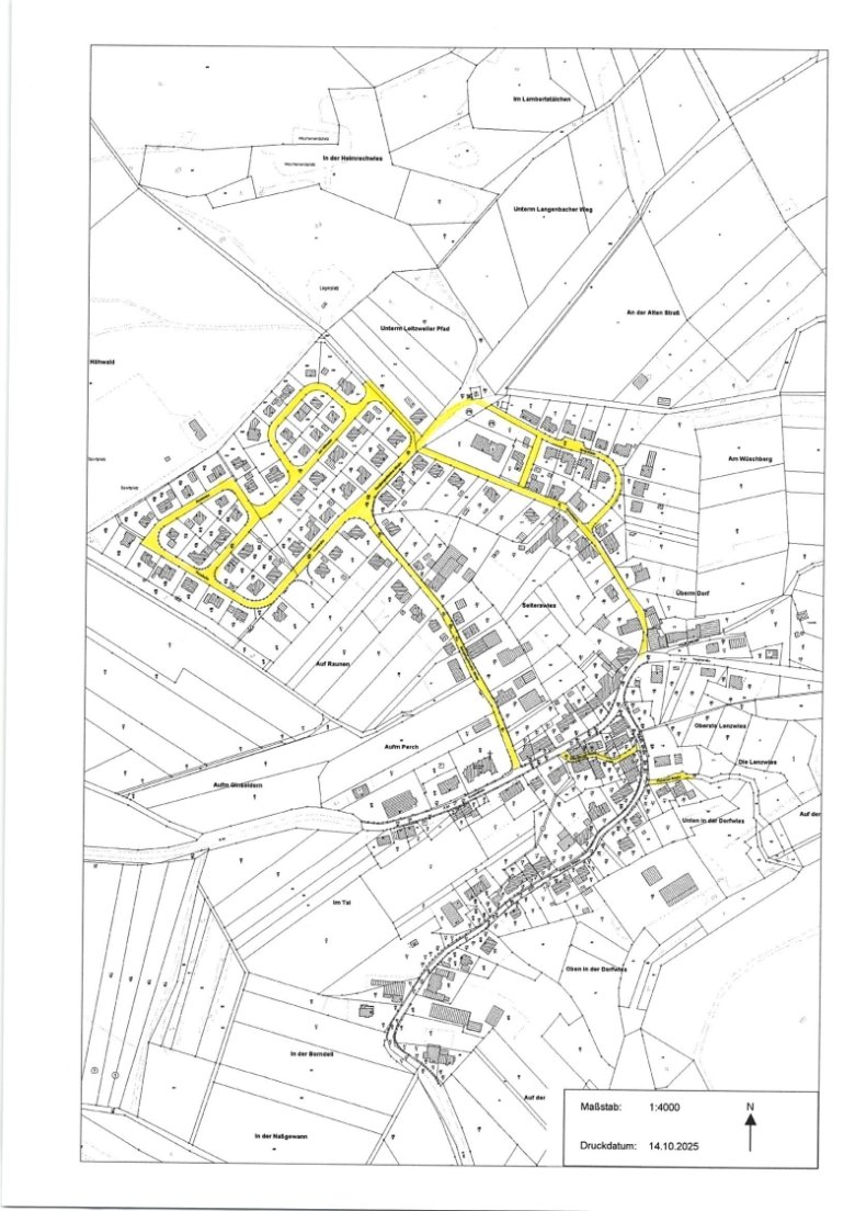 Übersicht über die Straßen in Rückweiler. Die Straßen, die gewidmet werden sind gelb markiert.