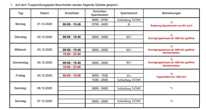 Tabelle mit den Schießwarnungem für den Truppenübungsplatz in der Kalenderwoche 49. in 2025