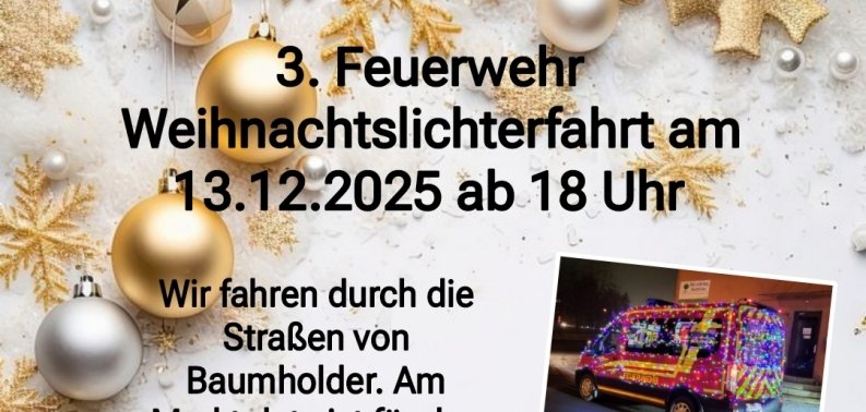 Plakat zur Weihnachtslichterfahrt in Baumholder am 13.12.2025. Start um 18 Uhr. Fahrt durch die Straßen von Baumholder. Danach Essen und Getränke am Marktplatz