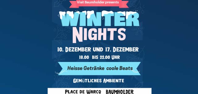 Plakat zu Winter Nights auf dem Place de Warcq in Baumholder. Die Winter Nights finden am 10. und 17. Dezember von 18 - 22 Uhr statt.