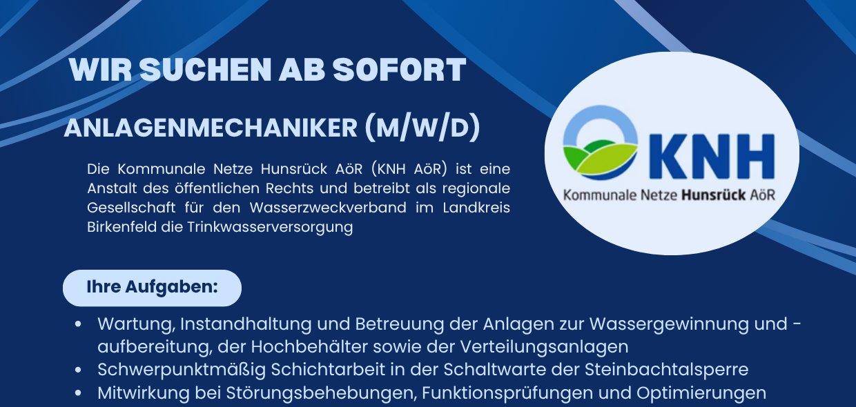 Anlagenmechaniker Kommunale Netze Hunsrück AöR gesucht