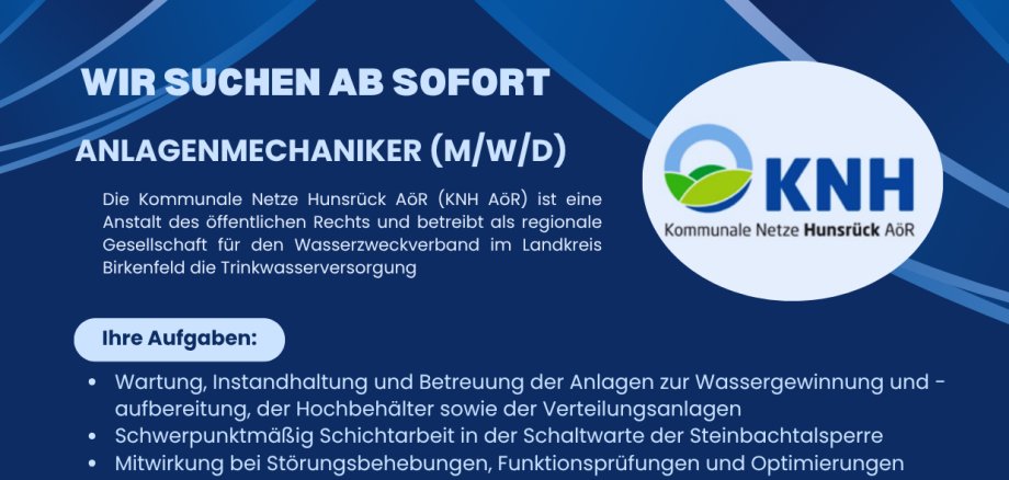 Anlagenmechaniker Kommunale Netze Hunsrück AöR gesucht Anlagenmechaniker Kommunale Netze Hunsrück AöR gesucht