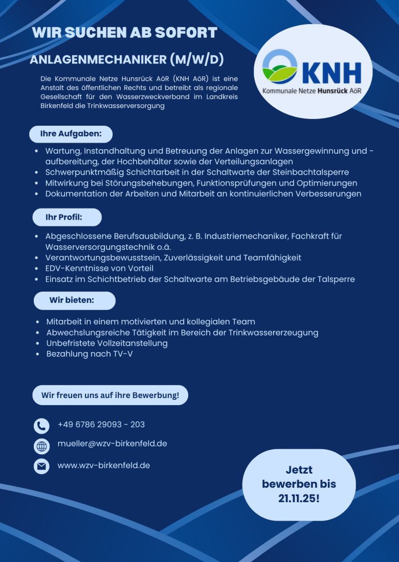 Anlagenmechaniker Kommunale Netze Hunsrück AöR gesucht Anlagenmechaniker Kommunale Netze Hunsrück AöR gesucht