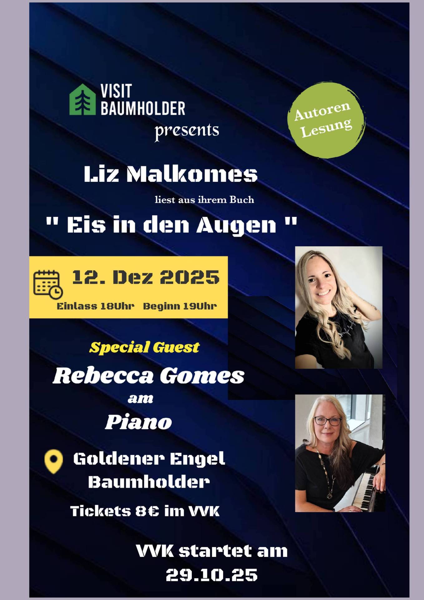 Plakat zur Autorenlesung von Liz Malkomes am 13.12.2025 im Goldenen Engel in Baumholder. Special Guest ist Rebecca Gomes am Piano. Tickets 8 € im VVK