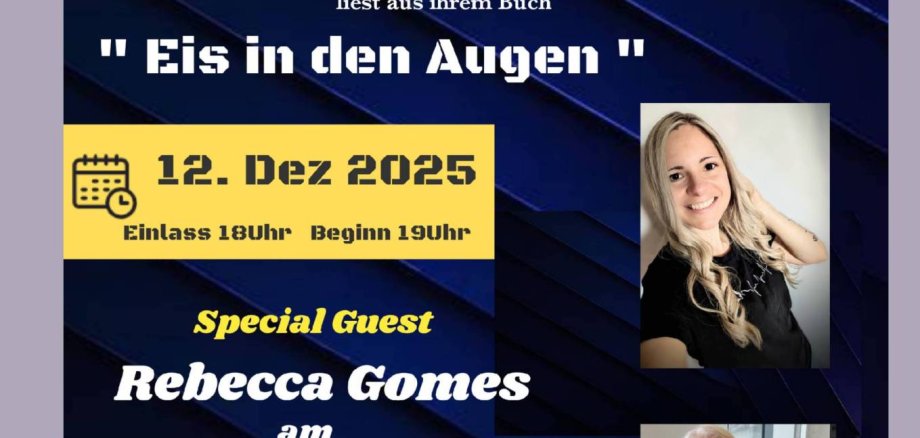 Plakat zur Autorenlesung von Liz Malkomes am 13.12.2025 im Goldenen Engel in Baumholder. Special Guest ist Rebecca Gomes am Piano. Tickets 8 € im VVK