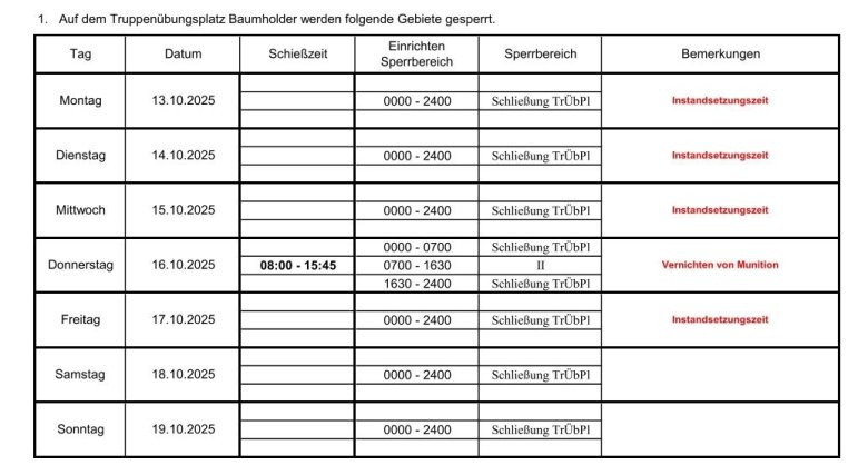 Tabelle mit den Schießzeiten auf dem Truppenübungsplatz Baumholder in der KW 40