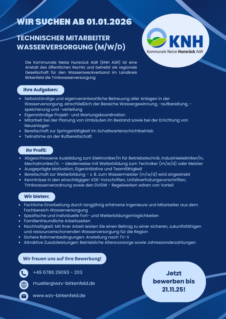 Technischer Mitarbeiter Kommunale Netze Hunsrück AöR gesucht Technischer Mitarbeiter Kommunale Netze Hunsrück AöR gesucht
