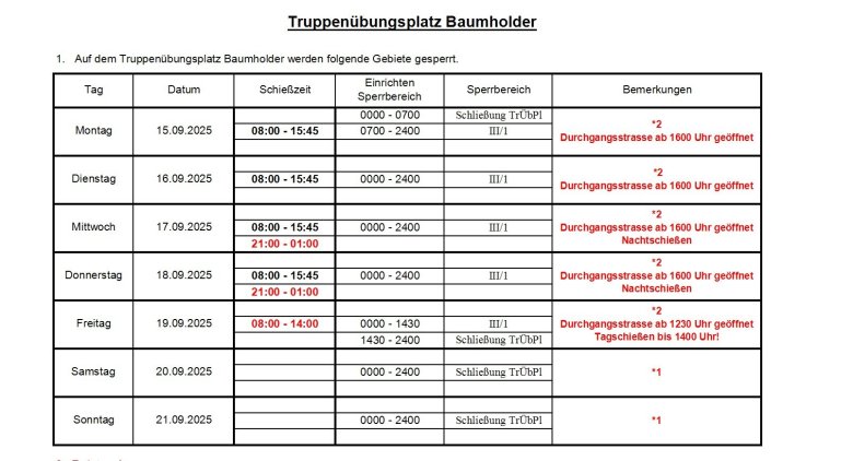 Schießzeiten Truppenübungsplatz Baumholder in der KW 38