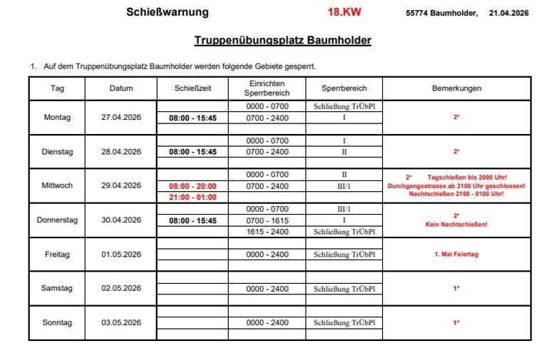 Tabelle mit Schießwarnung Truppenübungsplatz Baumholder 18.KW 2026