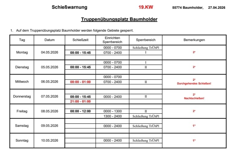 Schießwarnung Truppenübungsplatz Baumholder 19.KW 2026