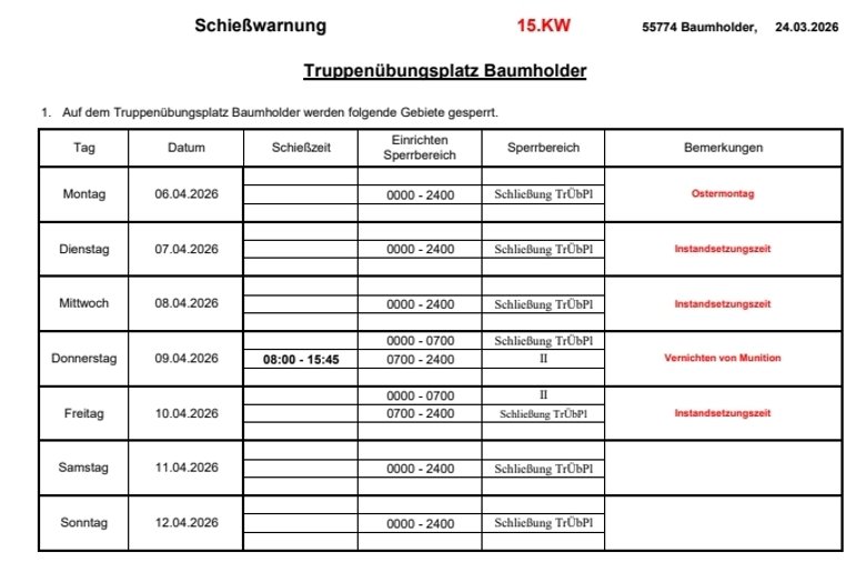 Schießwarnung Truppenübungsplatz Baumholder 15.KW 2026 Tabelle mit den Schießzeiten auf dem Truppenübungsplatz Baumholder in der 15. KW 2026