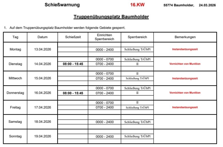 Tabelle mit den Schießzeiten auf dem Truppenübungsplatz Baumholder in der 16. KW 2026