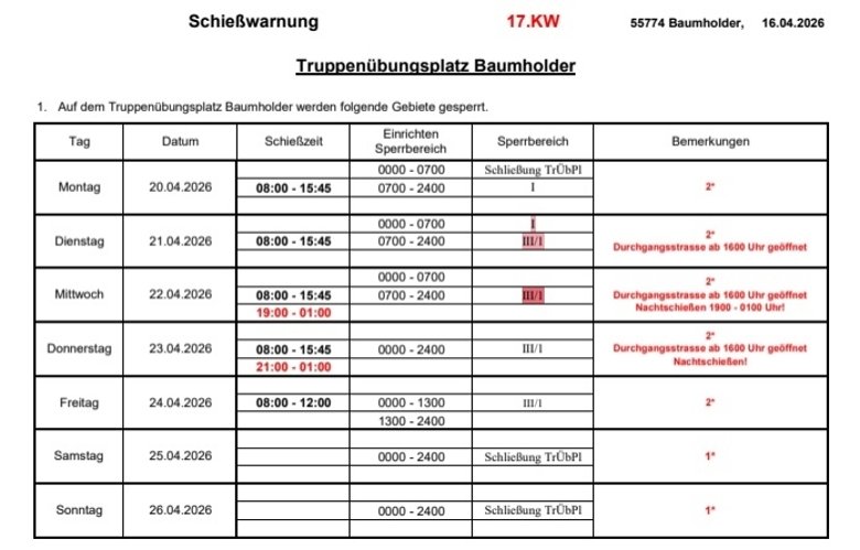 Schießzeiten auf dem Truppenübungsplatz Baumholder in der KW 17 2026
