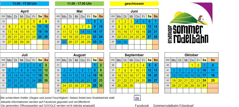 Tabelle mit den Öffnungszeiten der Sommerrodelbahn am Erbeskopf