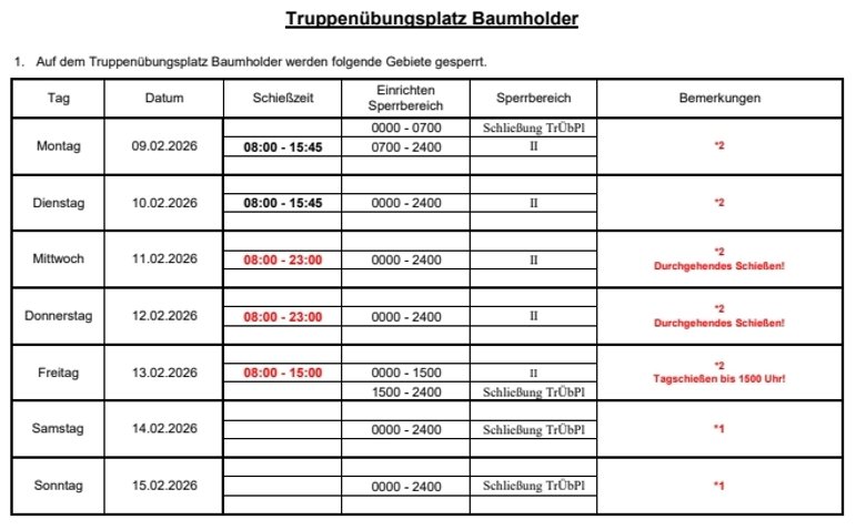 Tabelle Schießwarnung Truppenübungsplatz Baumholder  07.KW 2026