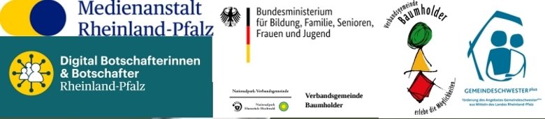 Unterstützer Info-Veranstaltung Elektronische Patientenakte VG Baumholder Unterstützer Info-Veranstaltung Elektronische Patientenakte VG Baumholder. Zu sehen sind die Logos der Unterstützer, VG Baumholder. GemeindeschwesterPlus, Bundesministerium für Bildung, Familie, Senioren, Frauen und Jugend, Medienanstalt Rheinland-Pfalz, Digital Botschafterinnen & Botschafter Rheinland-Pfalz