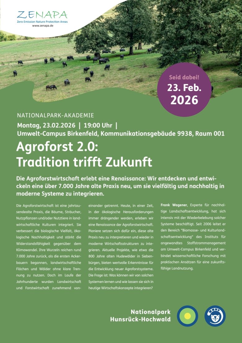 Plakat Nationalparkakademie: Agroforst 2.0 am 23.02.2026 am Umweltcampus in Birkenfeld