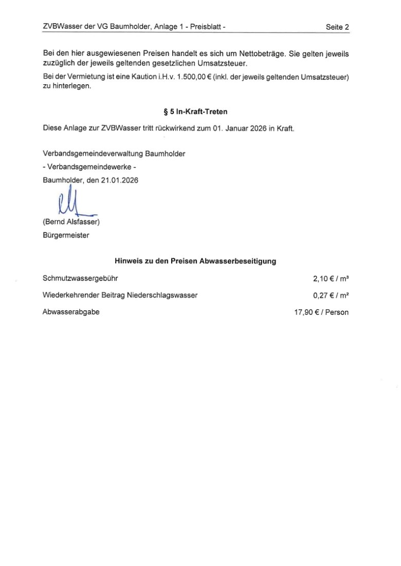 Preisblatt Wasser 2026 _ VG Baumholder Seite 2