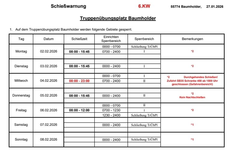 Tabelle Schießzeiten Truppenübungsplatz Baumholder 06.KW 2026 Tabelle Schießzeiten Truppenübungsplatz Baumholder 06.KW 2026