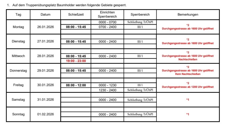 Tabelle Schießwarnung Verteiler 05.KW 2026 Tabelle mit den Schießzeiten auf dem Truppenübungsplatz Baumholder in der KW 5 2026