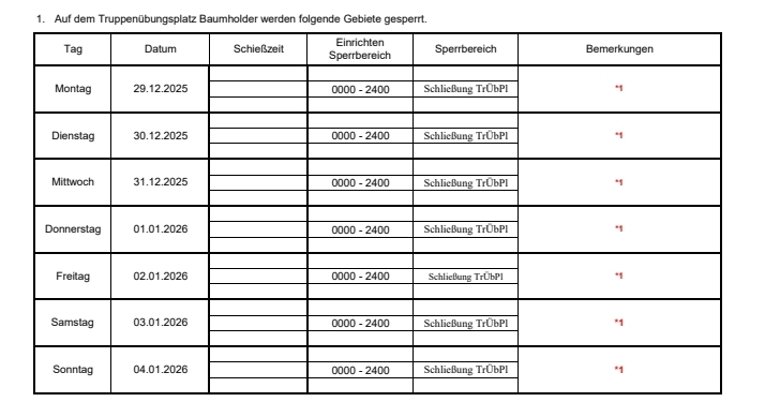 Übersichtstabelle mit den Schießzeiten auf dem Truppenübungsplatz Baumholder
