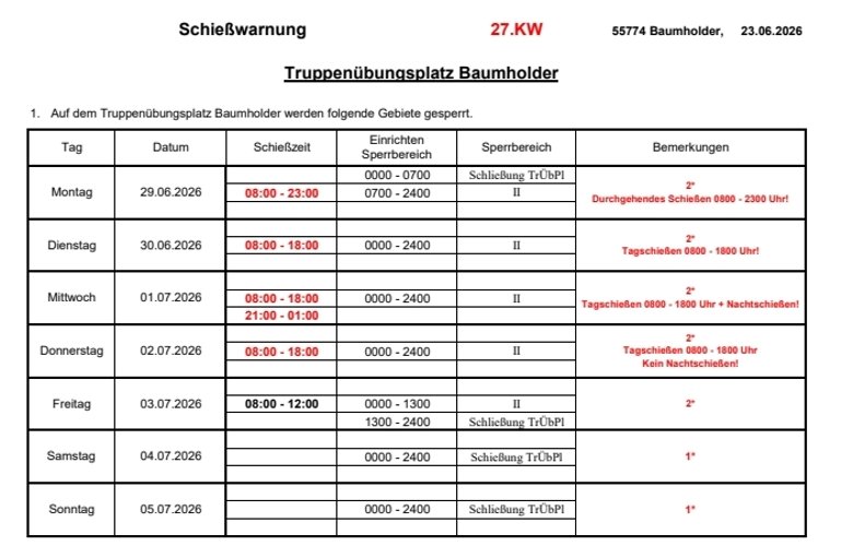 Tabelle Schießwarnung Truppenübungsplatz Baumholder 27.KW 2026 Tabelle Schießwarnung Truppenübungsplatz Baumholder 27.KW 2026