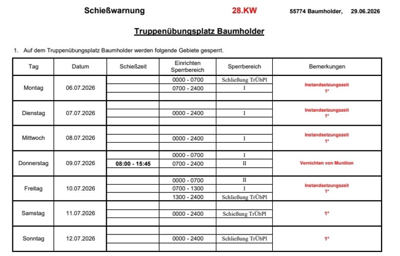 Tabelle mit den Schießzeiten auf dem Truppenübungsplatz Baumholder in der 28. KW 2026 Tabelle mit den Schießzeiten auf dem Truppenübungsplatz Baumholder in der 28. KW 2026