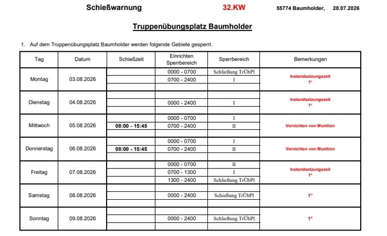 Tabelle mit den Schießzeiten auf dem Truppenübungsplatz Baumholder in der 32.KW 2026