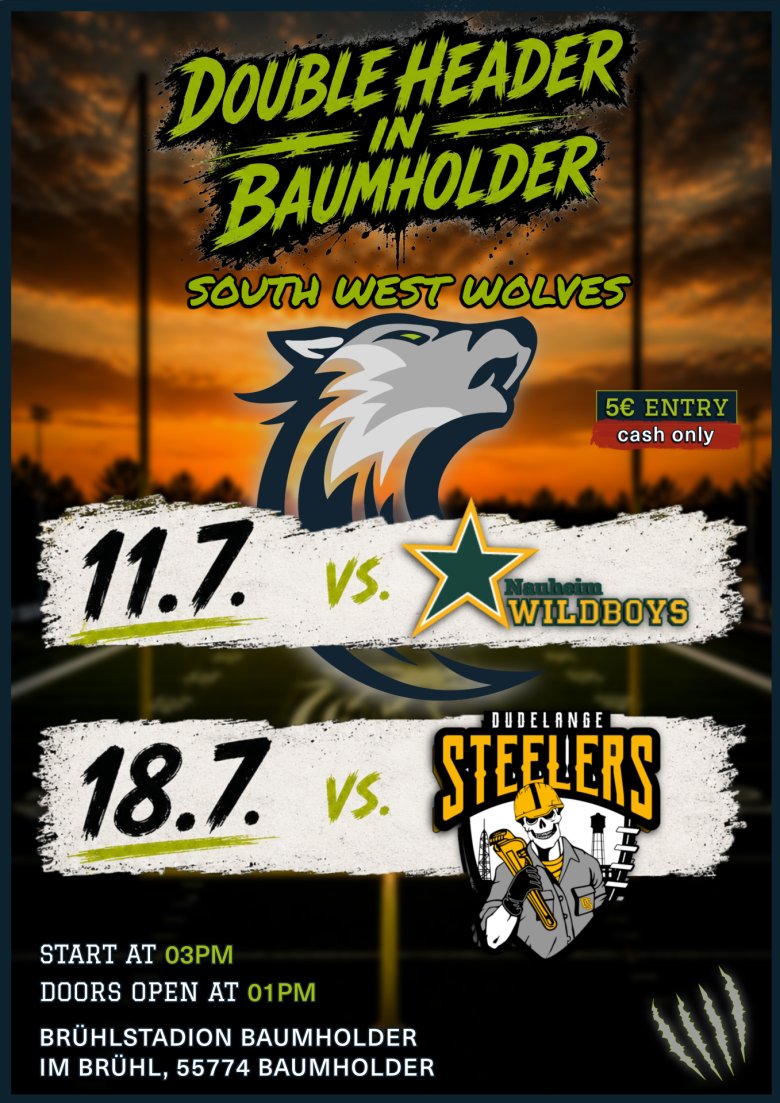 Plakat der Spiele der Southwest Wolves im Juli in Baumholder Plakat der Spiele der Southwest Wolves im Juli in Baumholder
