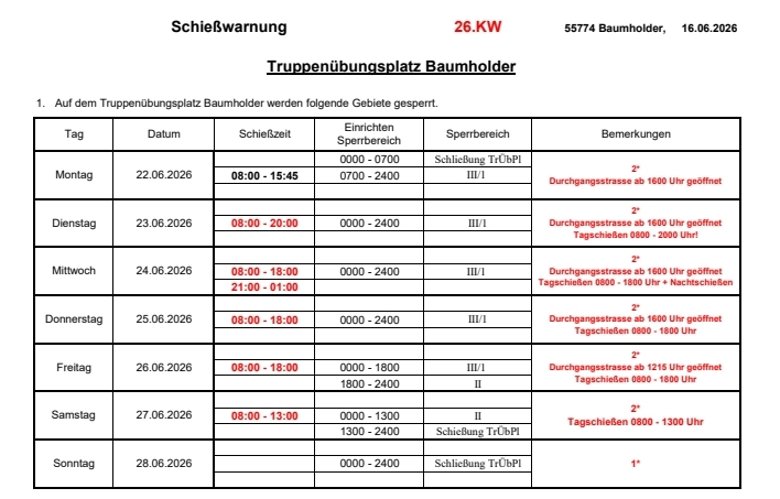 Tabelle mit den Schießzeiten auf dem Truppenübungsplatz Baumholder in der 26.KW 2026 Tabelle mit den Schießzeiten auf dem Truppenübungsplatz Baumholder in der 26.KW 2026