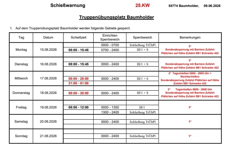 Schießzeiten auf dem Truppenübungsplatz Baumholder in der 25. KW 2026 Schießzeiten auf dem Truppenübungsplatz Baumholder in der 25. KW 2026