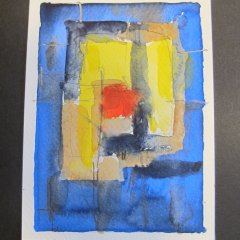 Werk von Günther Theobald in der Ausstellung im Goldenen Engel in Baumholder. Es ist ein abstraktes Bild in den Farben Blau, Gelb. Orangerot