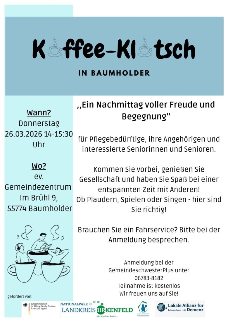 Kaffee-Klatsch mit der GemeindeschwesterPlus am 26.03.2026 in Baumholder