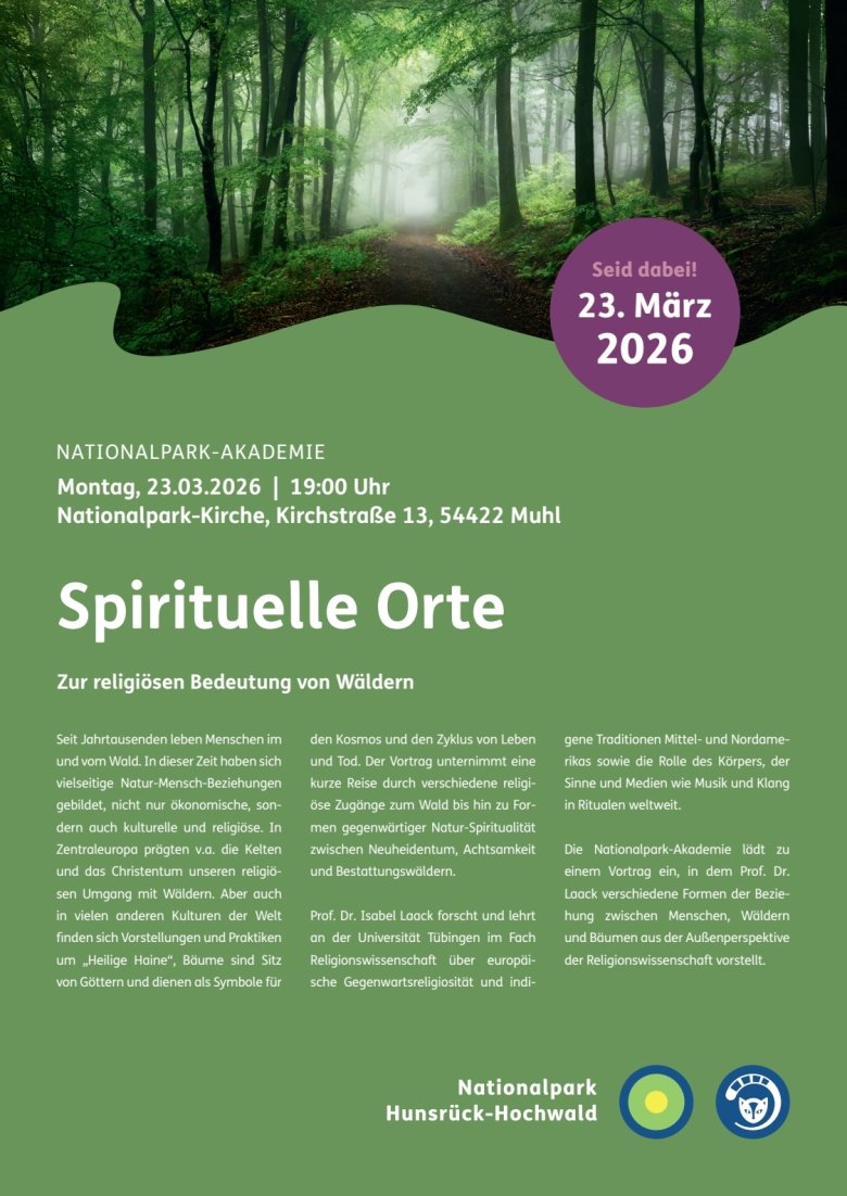 Plakat zur Nationalpark Akademie Spirituelle Orte am 23.03.2026 in Muhl um 19:00 Uhr. Kirchstraße 13, 54422 Muhl