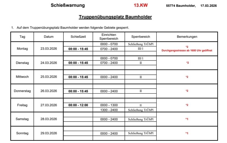 Tabelle mit den Schießzeiten auf dem Truppenübungsplatz Baumholder in der 13. KW 2026