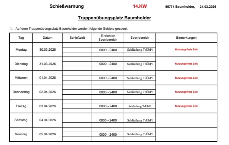 Schießwarnung Truppenübungsplatz Baumholder 14.KW 2026 Tabelle mit den Schießzeiten auf dem Truppenübungsplatz Baumholder in der 14. KW 2026